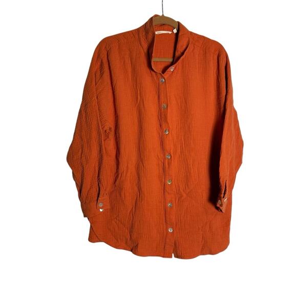 Soft Surroundings Tops - Soft Surroundings Orange Gauzy 100% Cotton Long Sleeve Button Up Shirt Blouse
